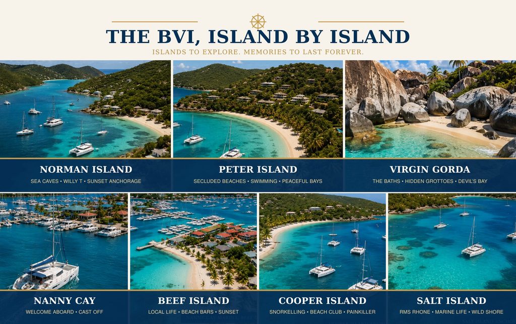 Photographic guide to Norman Island, Peter Island, Virgin Gorda, Nanny Cay, Beef Island, Cooper Island and Salt Island.