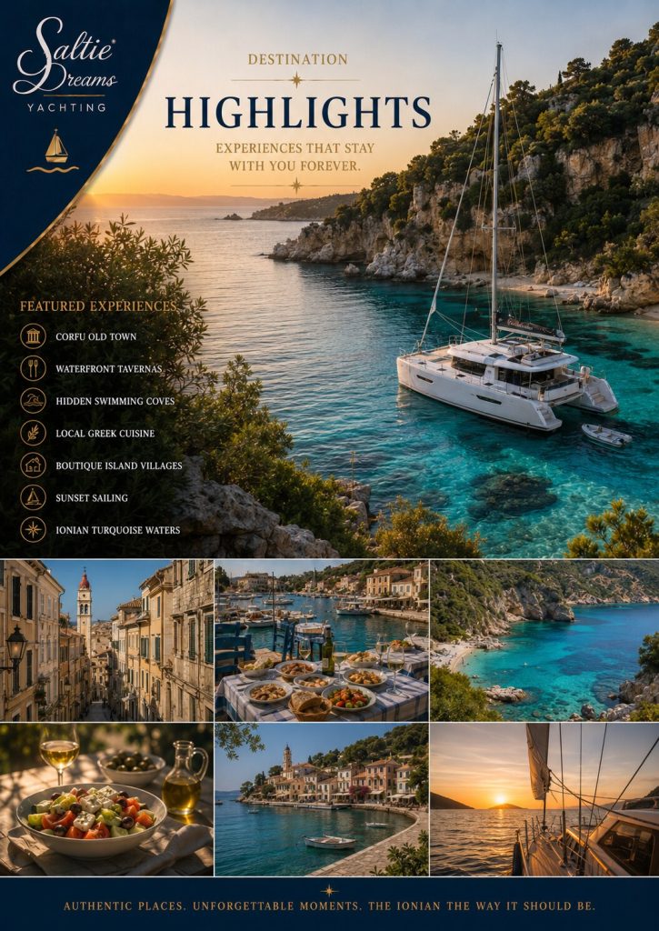 Highlights of an Ionian sailing adventure including Corfu Old Town, waterfront tavernas, hidden swimming coves, Greek cuisine, island villages and sunset sailing.